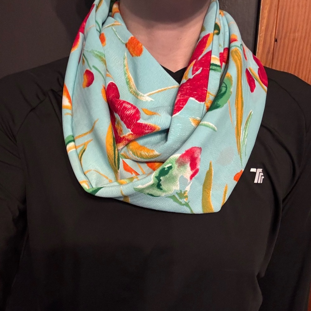 Bright teal floral infinity scarf made from up-cycled textiles
